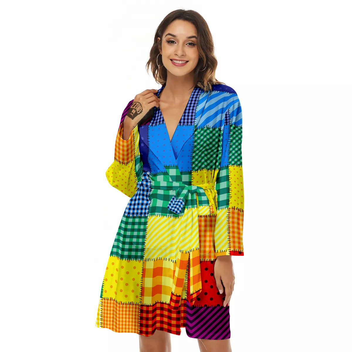 Patchwork Rainbow Print Pattern Women's Robe-grizzshop
