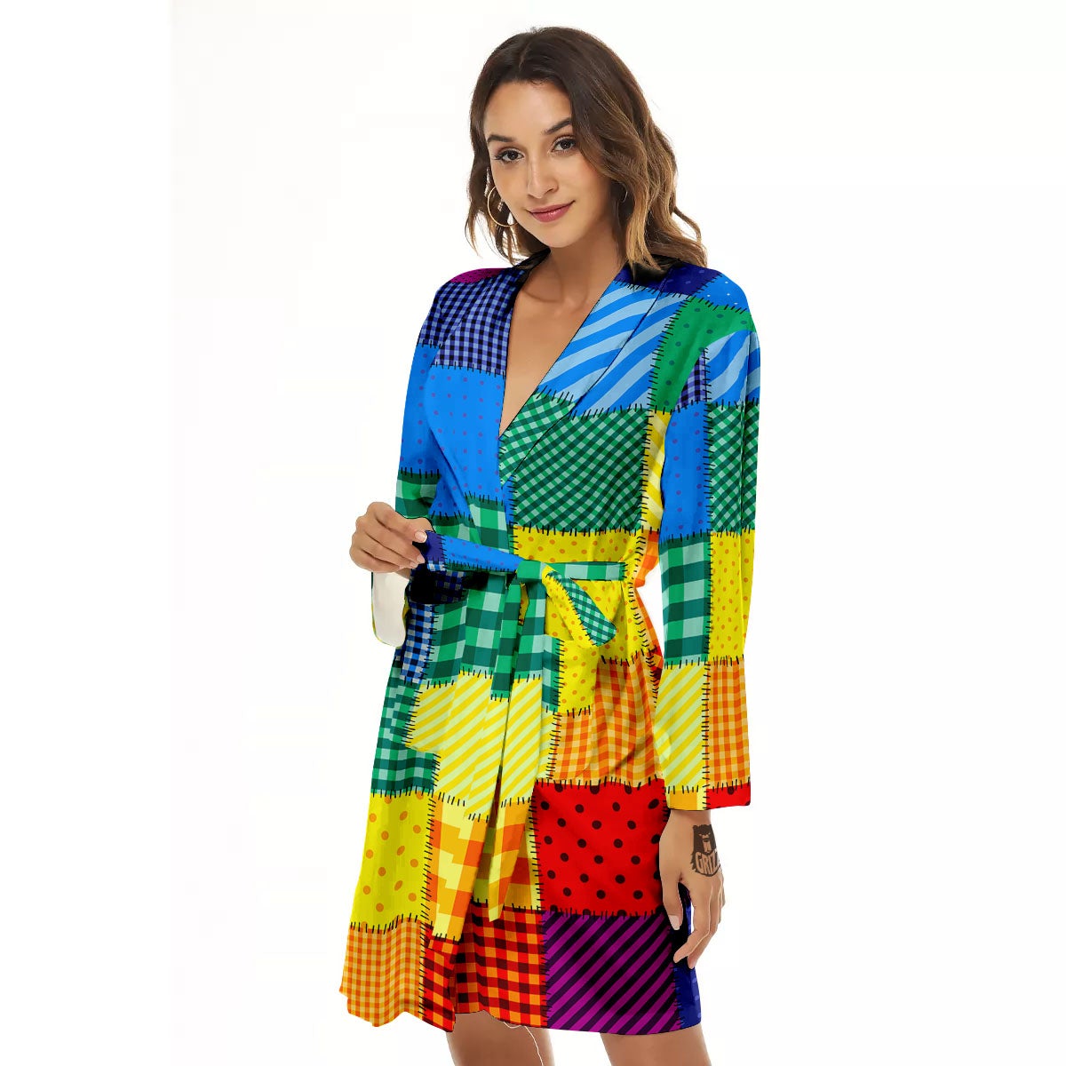Patchwork Rainbow Print Pattern Women's Robe-grizzshop