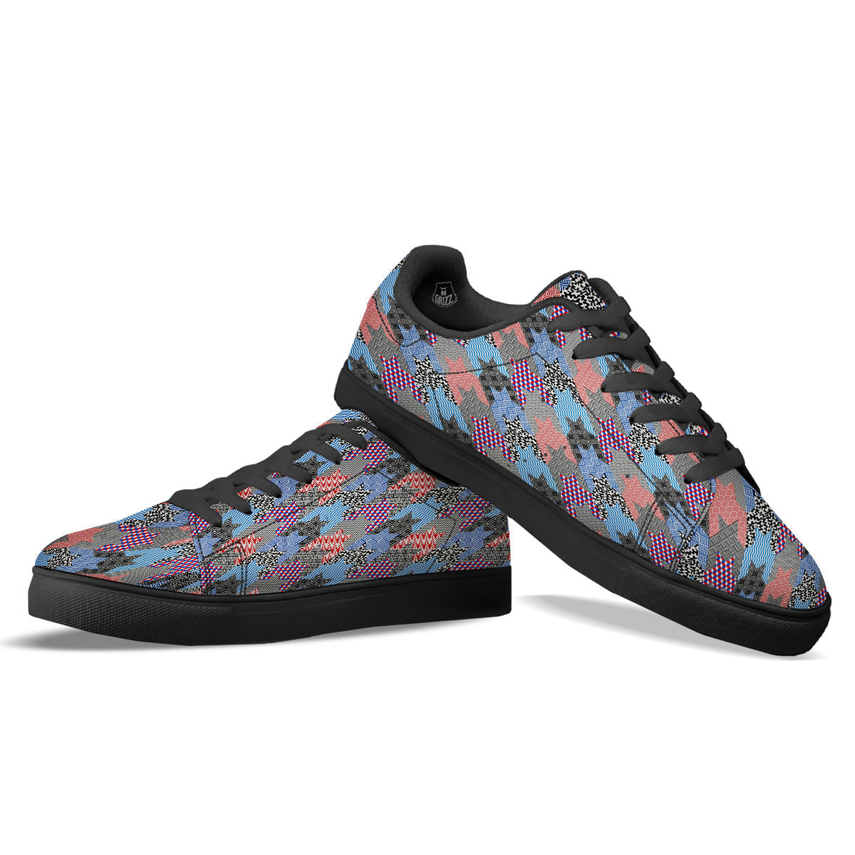 Patchwork Style And Classic Houndstooth Print Pattern Black Low Top Sneakers-grizzshop