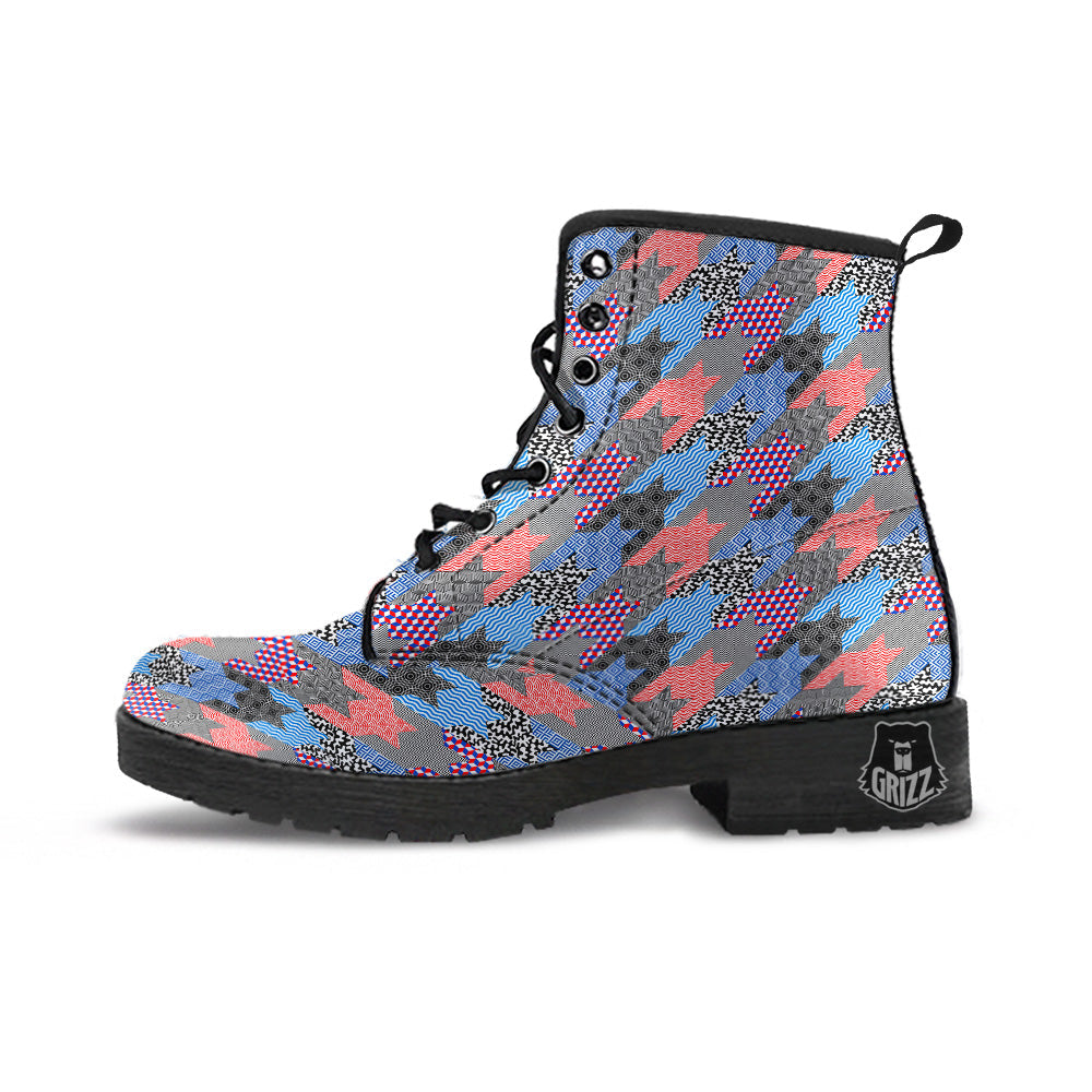 Patchwork Style And Classic Houndstooth Print Pattern Leather Boots-grizzshop