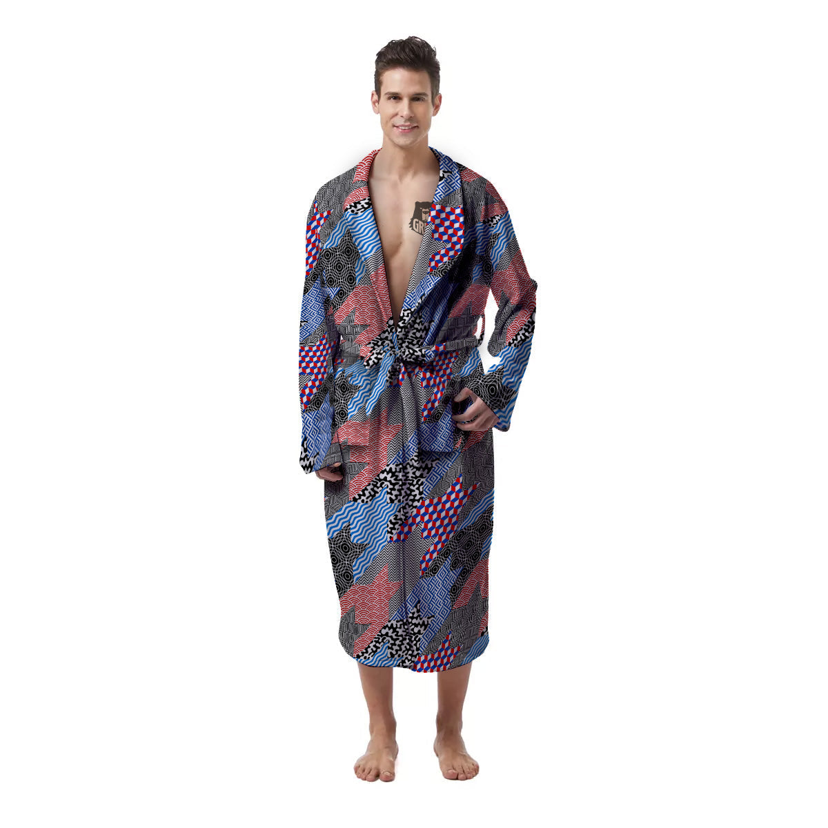 Patchwork Style And Classic Houndstooth Print Pattern Men's Robe-grizzshop