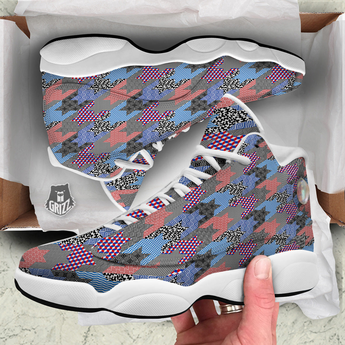 Patchwork Style And Classic Houndstooth Print Pattern White Basketball Shoes-grizzshop