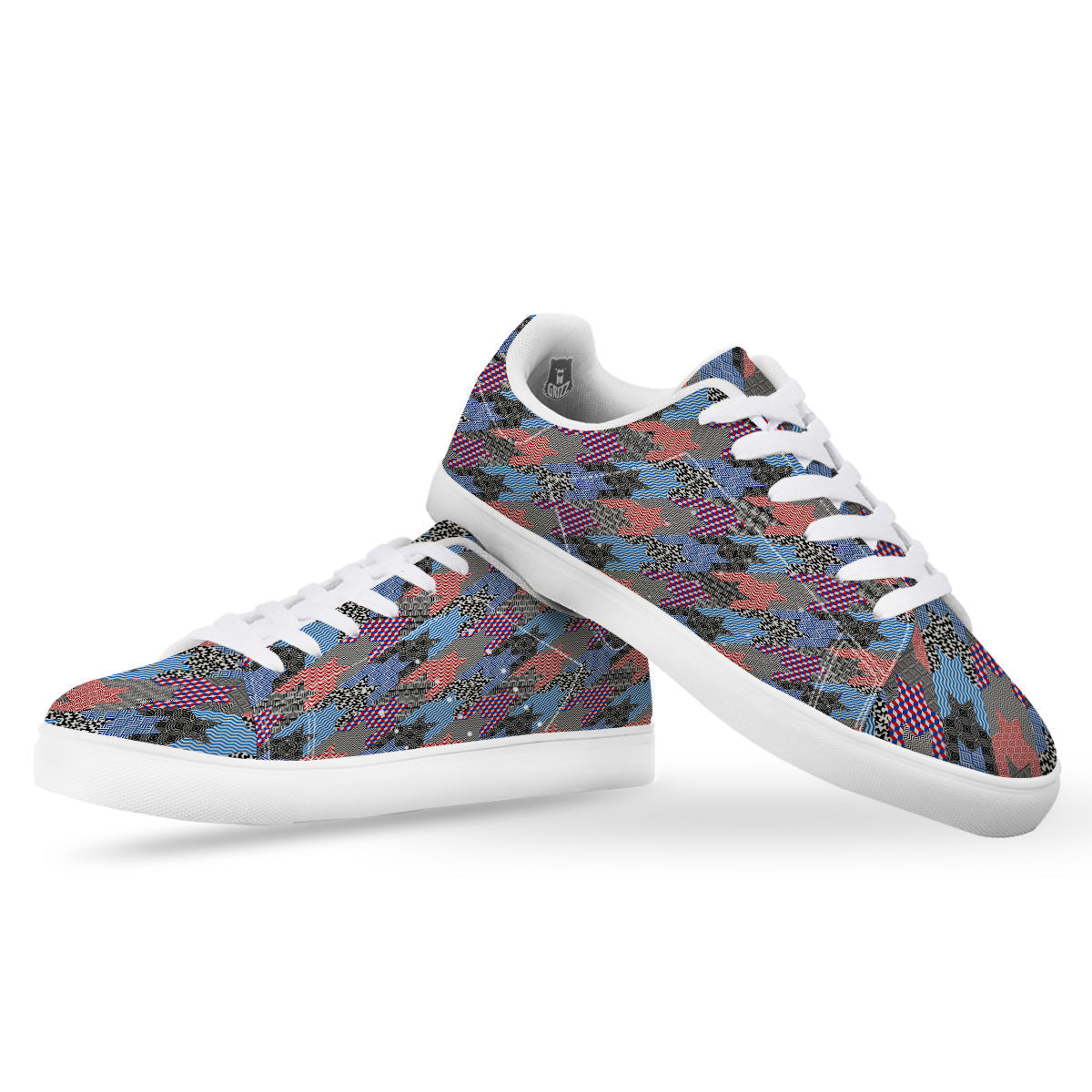 Patchwork Style And Classic Houndstooth Print Pattern White Low Top Sneakers-grizzshop