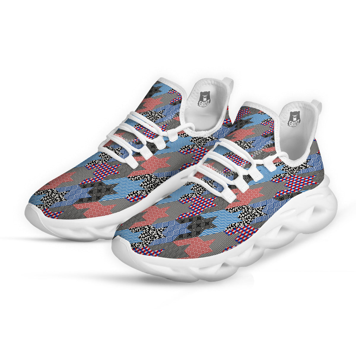 Patchwork Style And Classic Houndstooth Print Pattern White Running Shoes-grizzshop