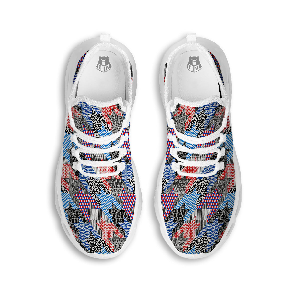 Patchwork Style And Classic Houndstooth Print Pattern White Running Shoes-grizzshop