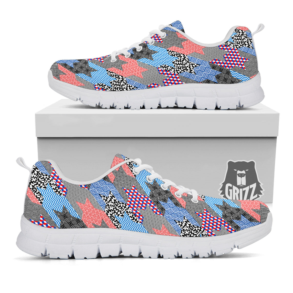 Patchwork Style And Classic Houndstooth Print Pattern White Sneaker-grizzshop