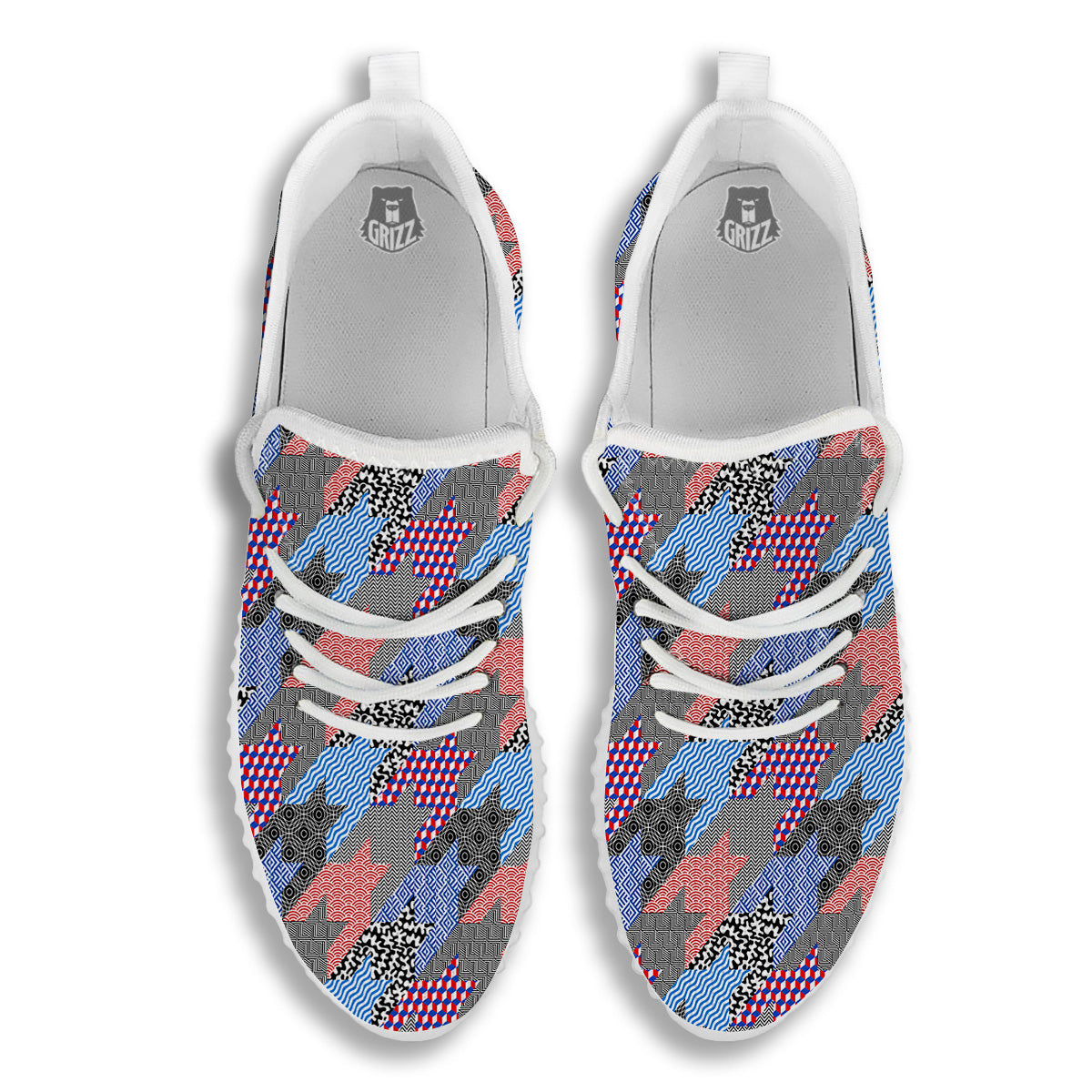 Patchwork Style And Classic Houndstooth Print Pattern White Walking Shoes-grizzshop
