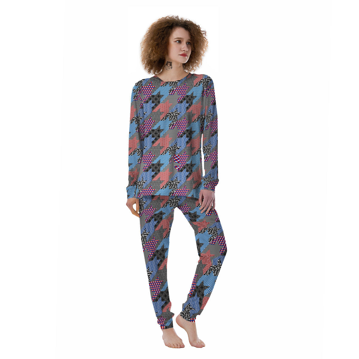 Patchwork Style And Classic Houndstooth Print Pattern Women's Pajamas-grizzshop