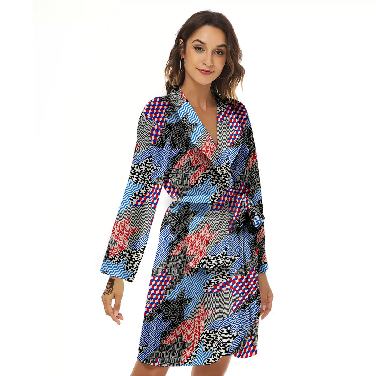 Patchwork Style And Classic Houndstooth Print Pattern Women's Robe-grizzshop