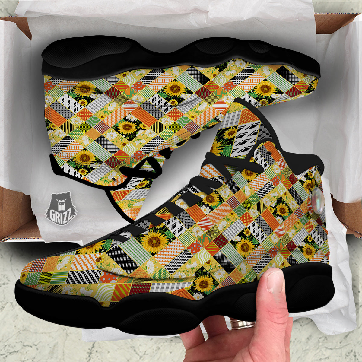 Patchwork Sunflowers Print Black Basketball Shoes-grizzshop