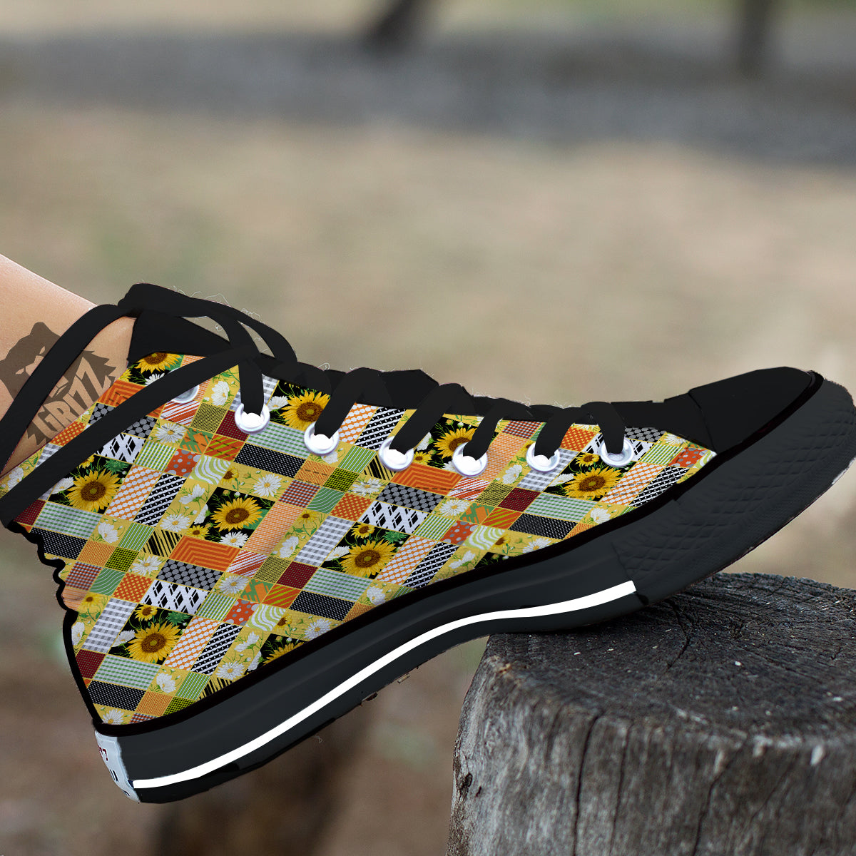 Patchwork Sunflowers Print Black High Top Shoes-grizzshop