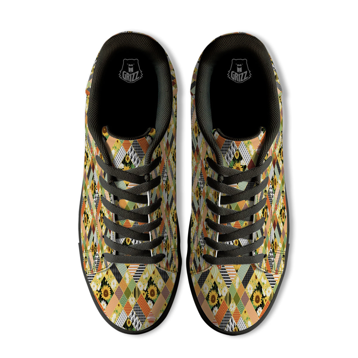 Patchwork Sunflowers Print Black Low Top Sneakers-grizzshop