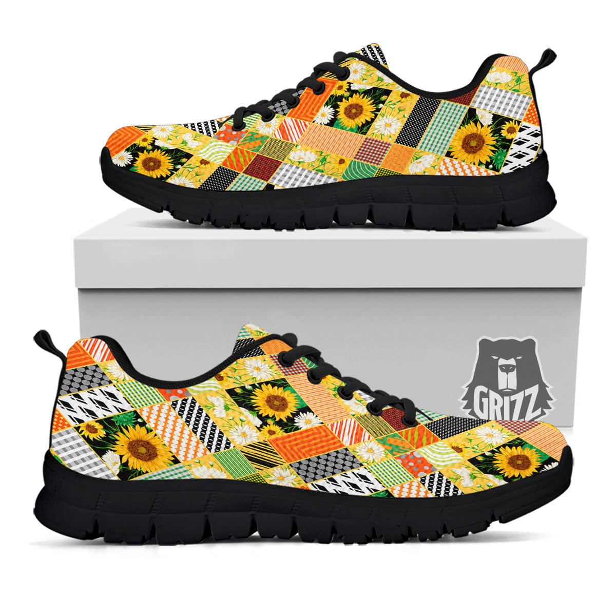 Patchwork Sunflowers Print Black Sneaker-grizzshop