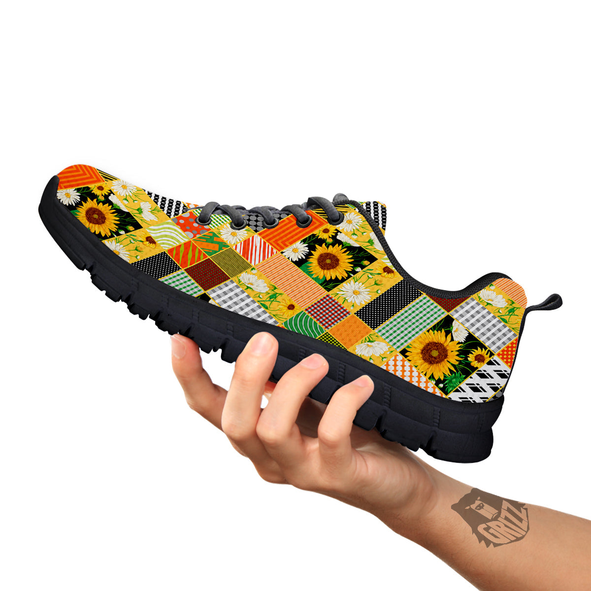 Patchwork Sunflowers Print Black Sneaker-grizzshop