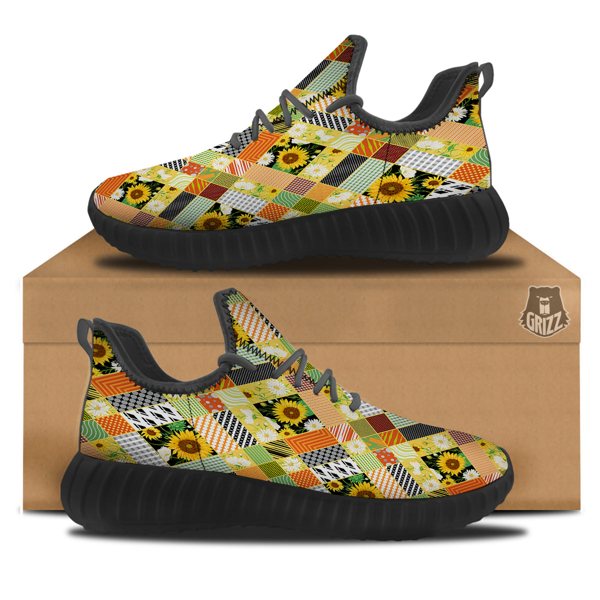 Patchwork Sunflowers Print Black Walking Shoes-grizzshop