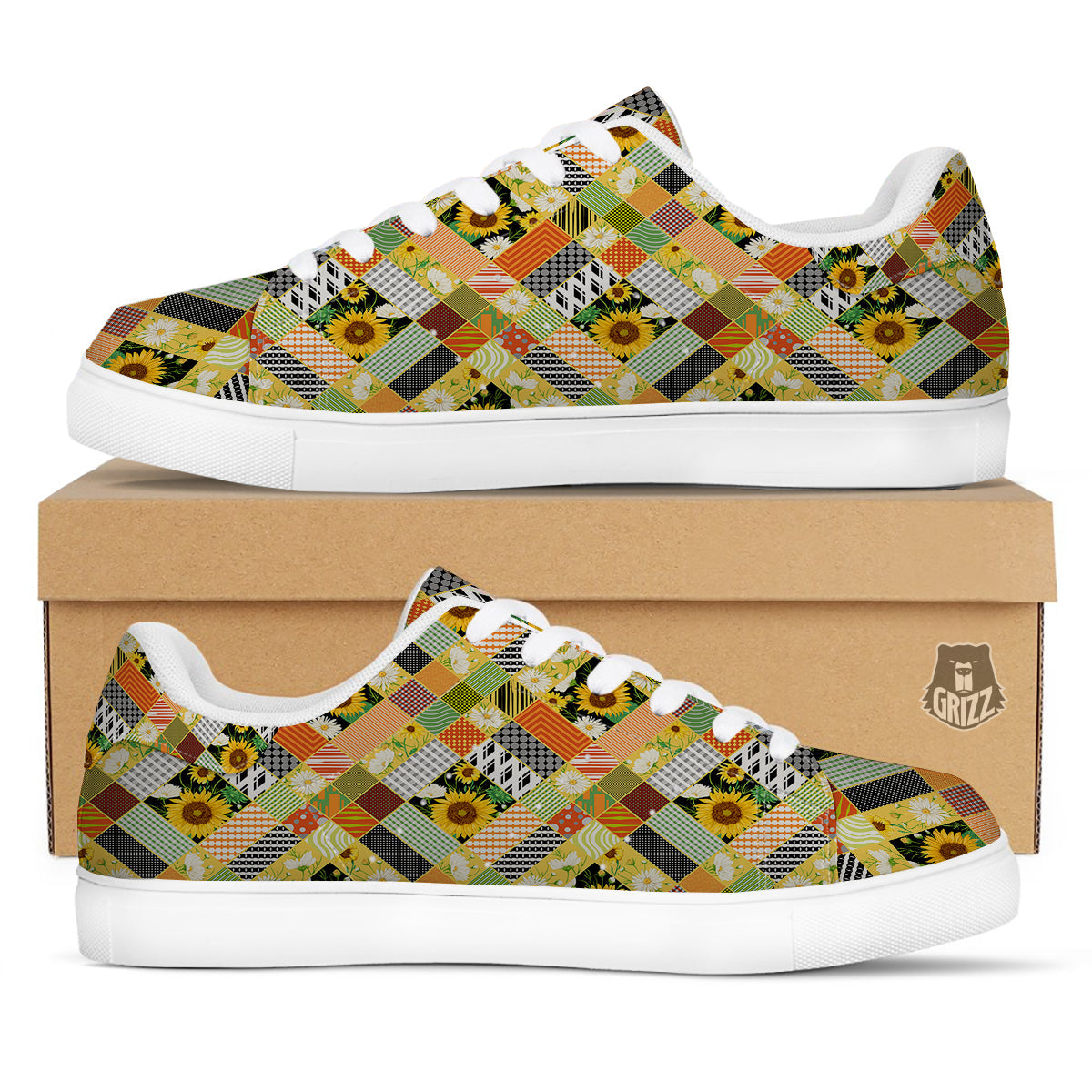 Patchwork Sunflowers Print White Low Top Sneakers-grizzshop