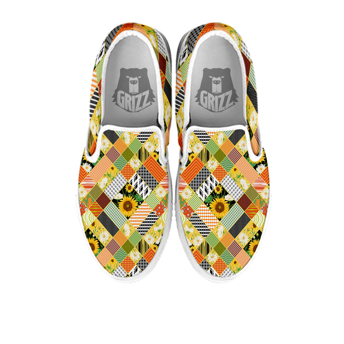 Patchwork Sunflowers Print White Slip On Shoes-grizzshop