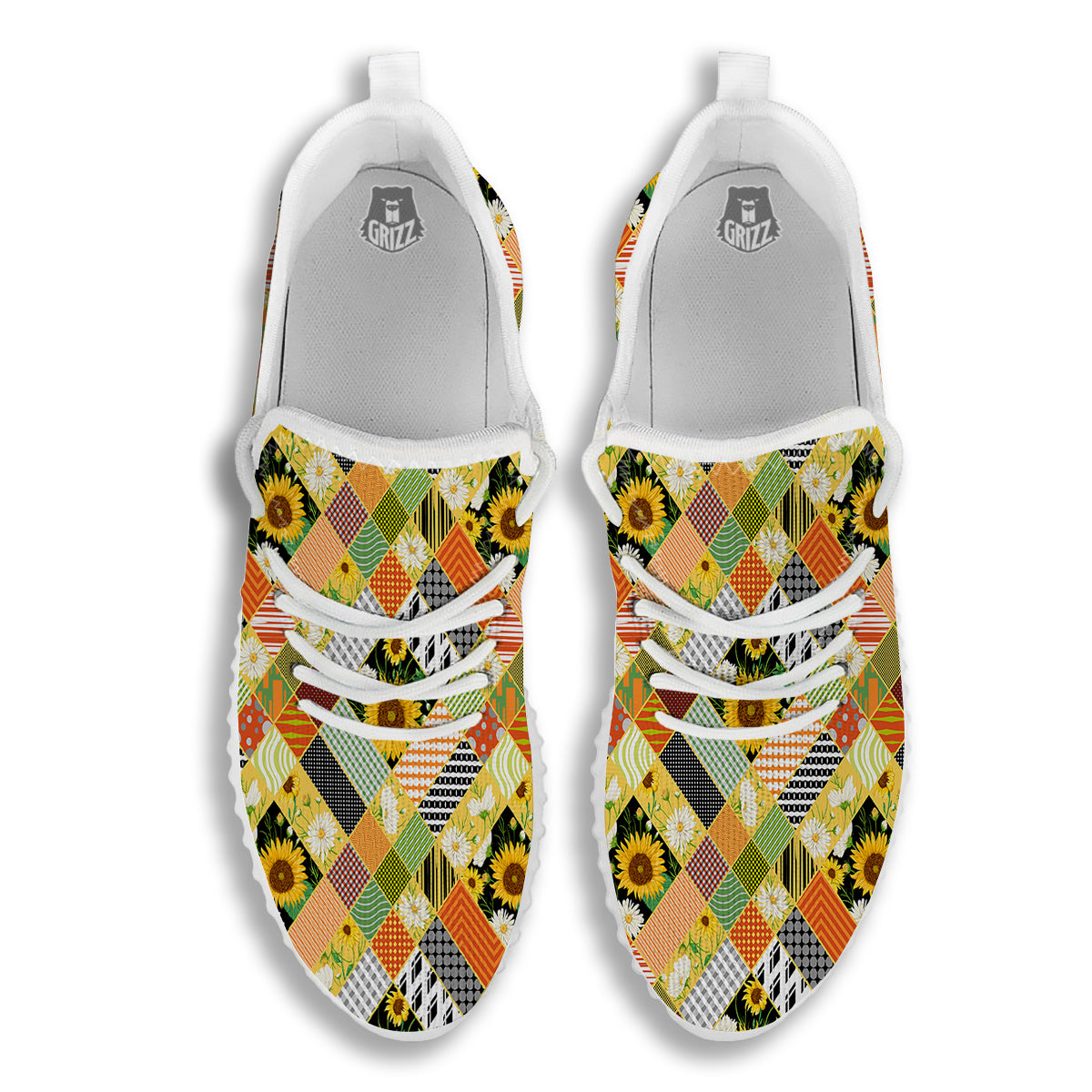 Patchwork Sunflowers Print White Walking Shoes-grizzshop