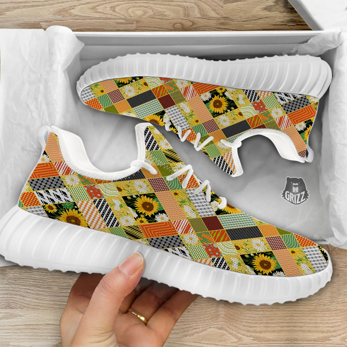 Patchwork Sunflowers Print White Walking Shoes-grizzshop