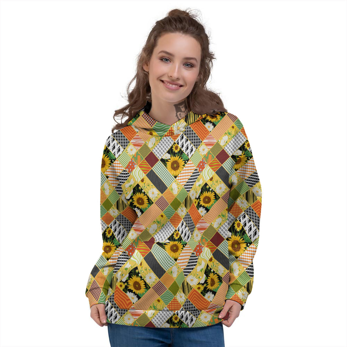 Patchwork Sunflowers Print Women's Hoodie-grizzshop