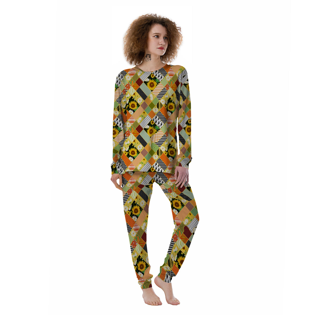 Patchwork Sunflowers Print Women's Pajamas-grizzshop