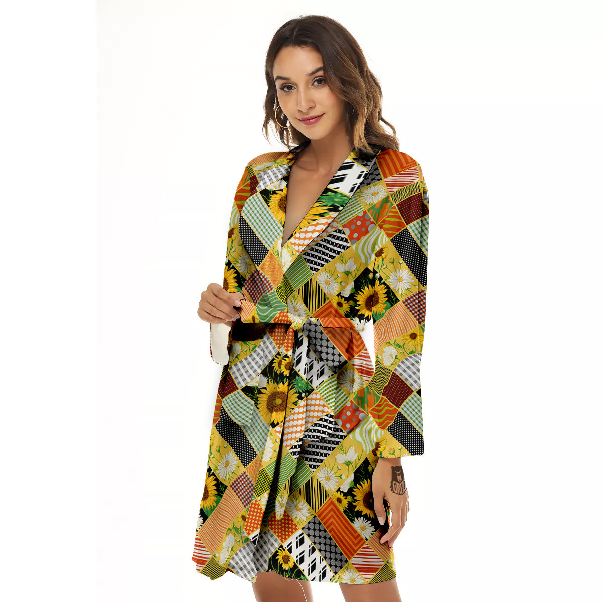 Patchwork Sunflowers Print Women's Robe-grizzshop