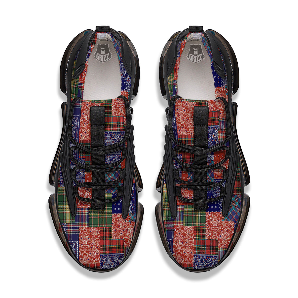 Patchwork Tartan And Bandana Print Pattern Black Gym Shoes-grizzshop