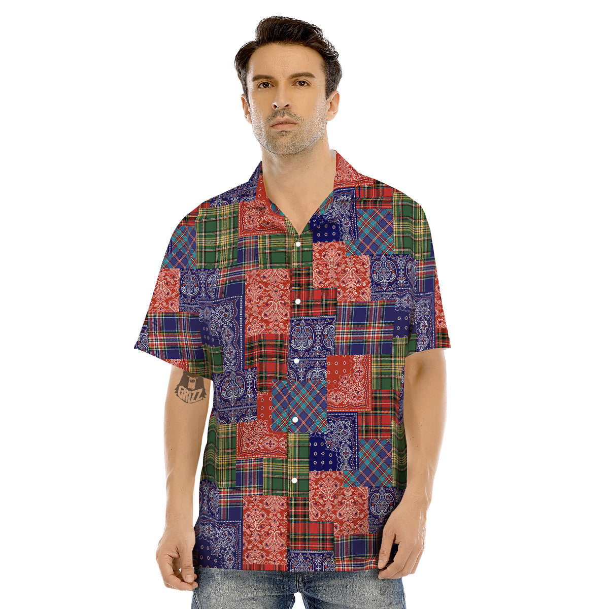 Patchwork Tartan And Bandana Print Pattern Men's Hawaiian Shirt-grizzshop