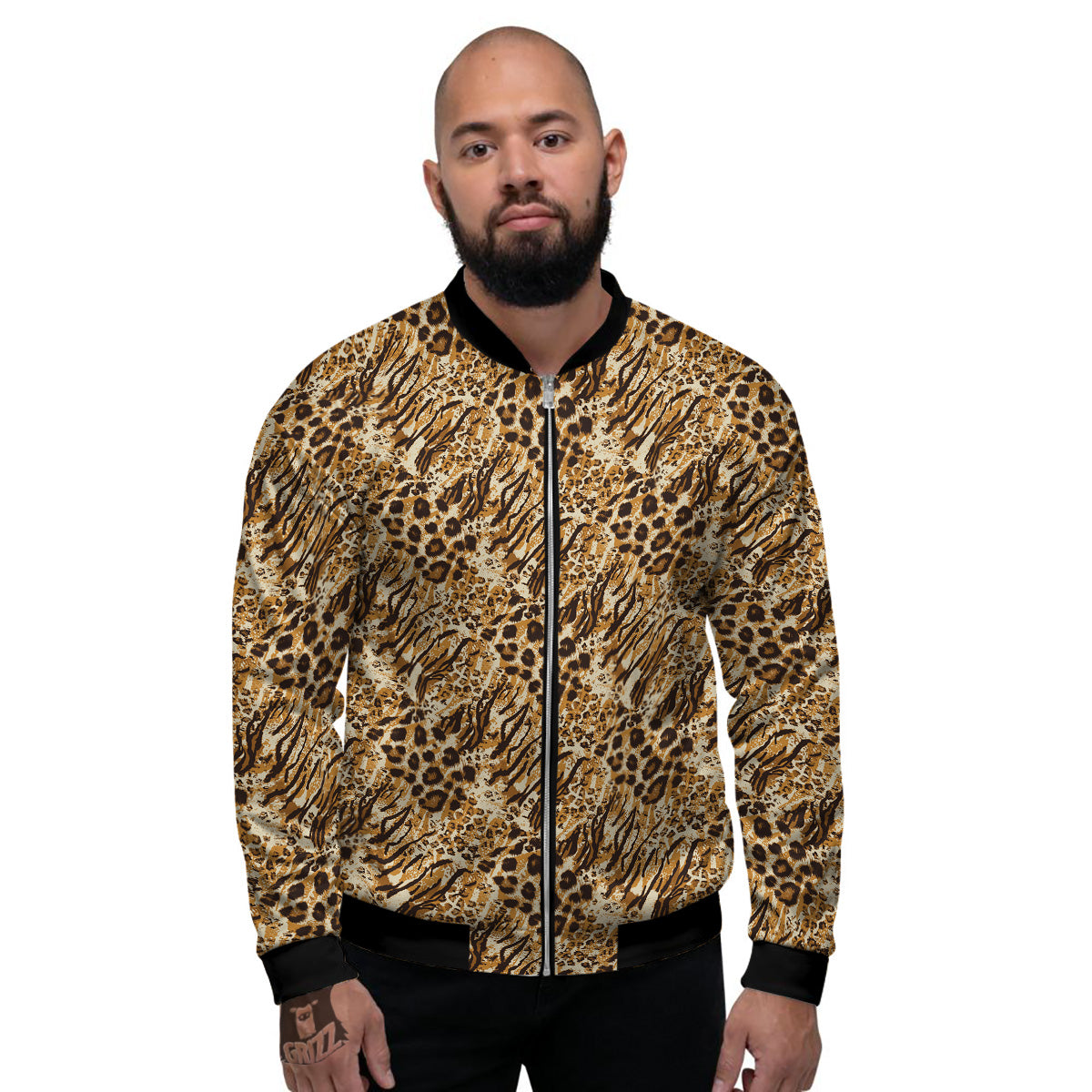 Patchwork Tiger Skin Print Pattern Men's Bomber Jacket-grizzshop