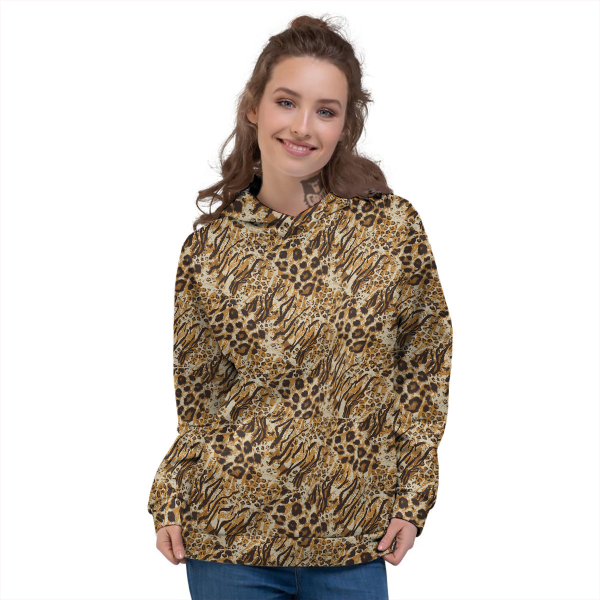 Patchwork Tiger Skin Print Pattern Women's Hoodie-grizzshop