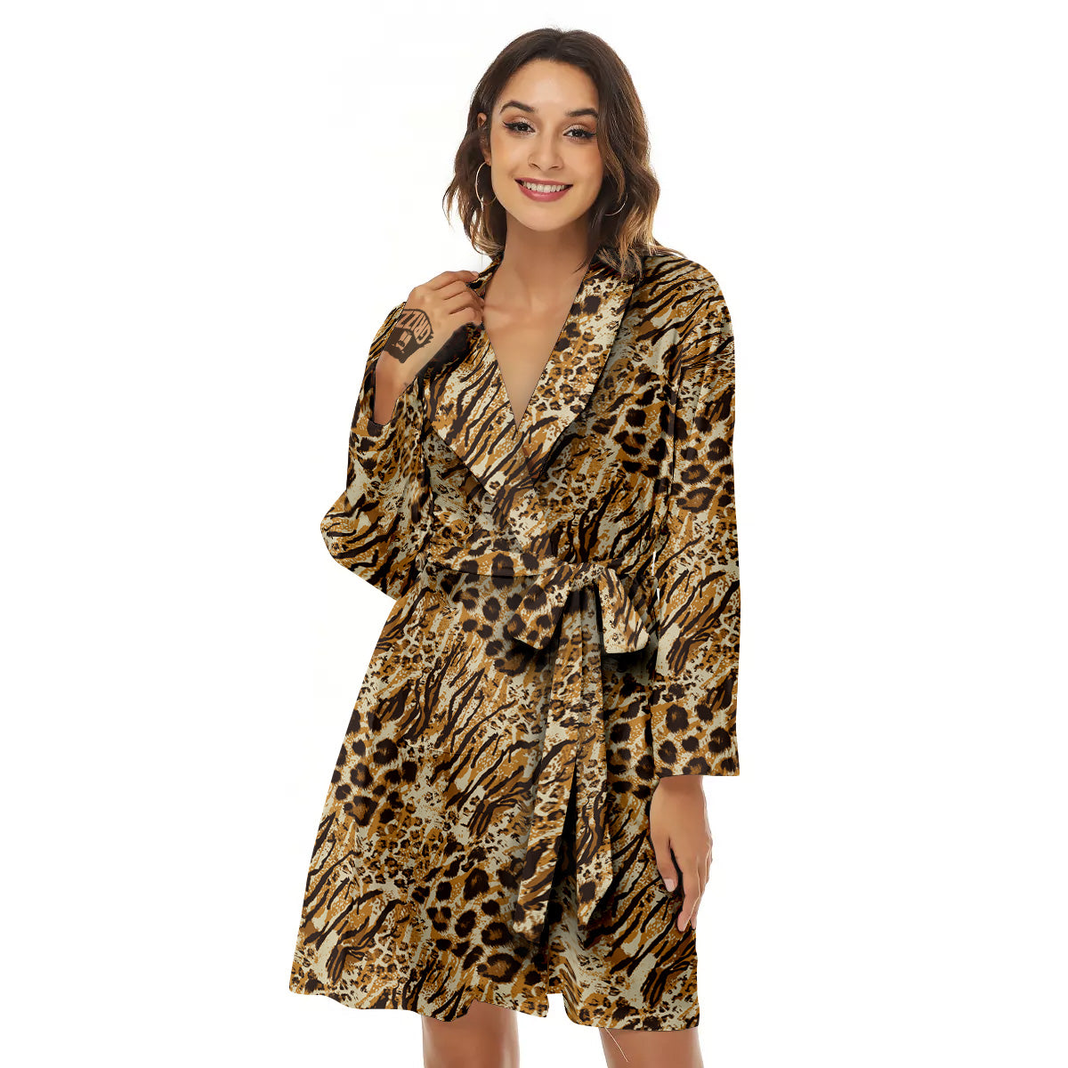 Patchwork Tiger Skin Print Pattern Women's Robe-grizzshop