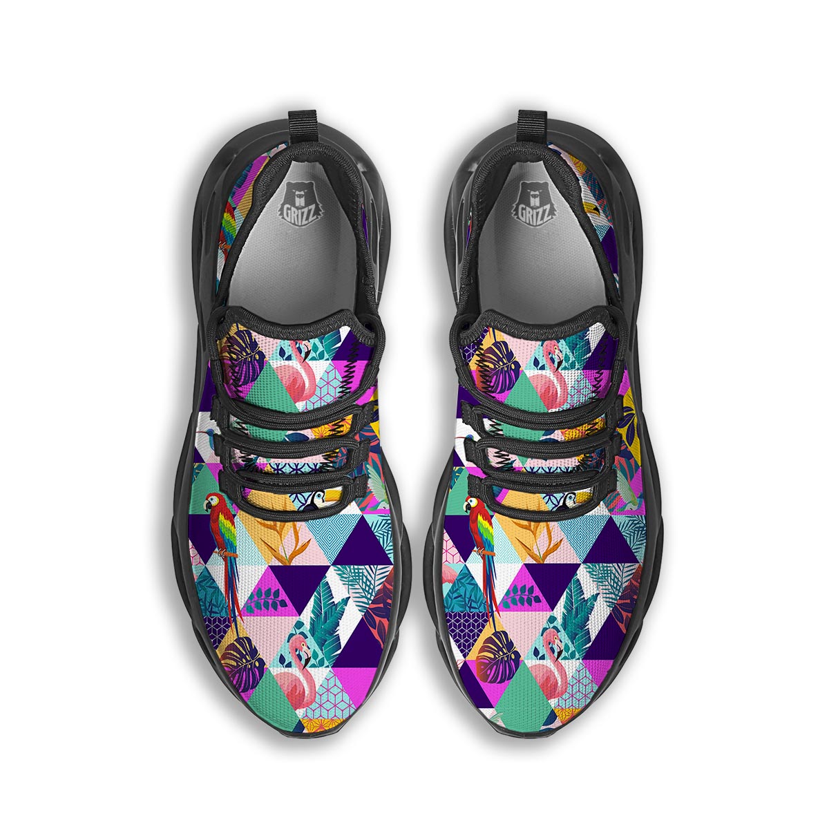 Patchwork Tropical Bird Print Black Running Shoes-grizzshop