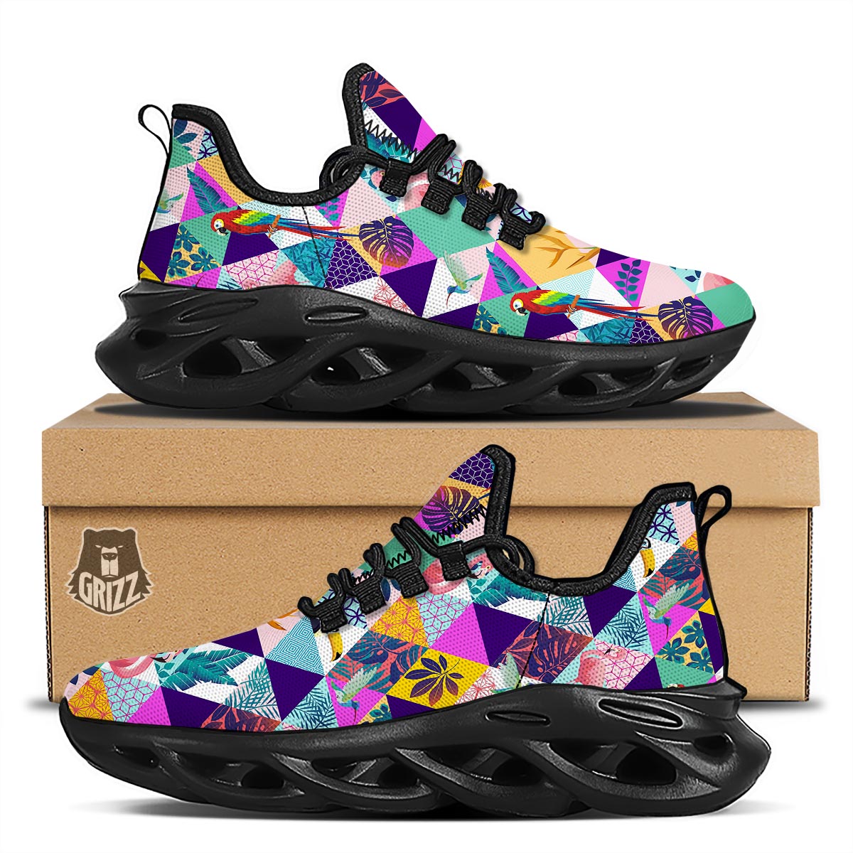 Patchwork Tropical Bird Print Black Running Shoes-grizzshop