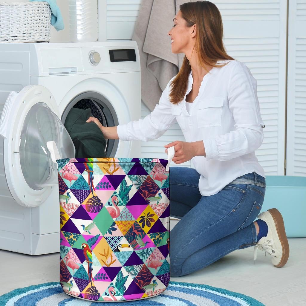 Patchwork Tropical Bird Print Laundry Basket-grizzshop
