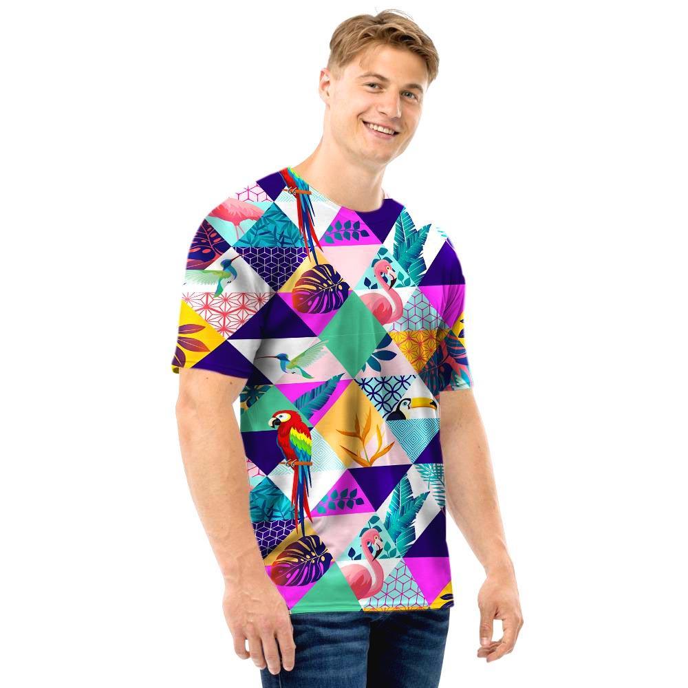Patchwork Tropical Bird Print Men T Shirt-grizzshop