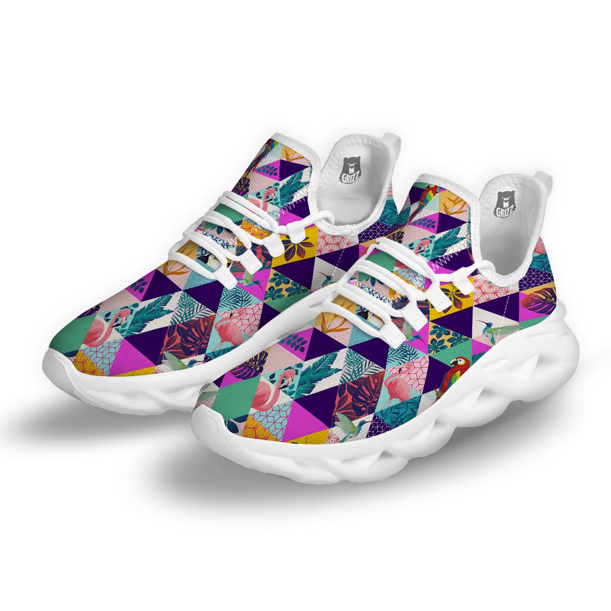 Patchwork Tropical Bird Print White Running Shoes-grizzshop