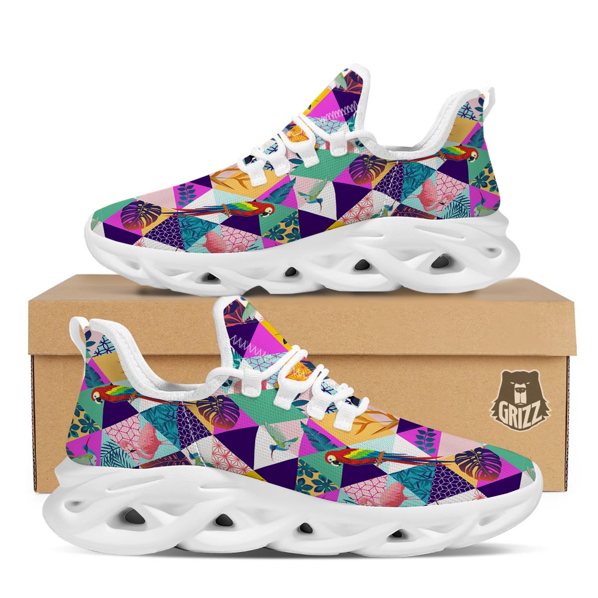 Patchwork Tropical Bird Print White Running Shoes-grizzshop
