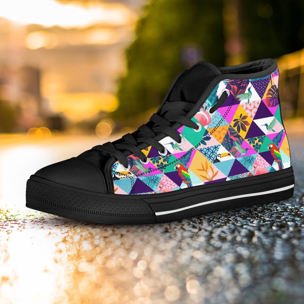 Patchwork Tropical Bird Print Women's High Top Shoes-grizzshop