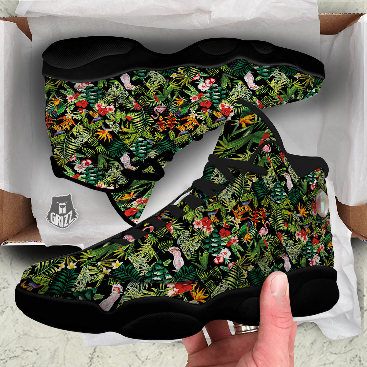 Patchwork Tropical Print Pattern Black Basketball Shoes-grizzshop