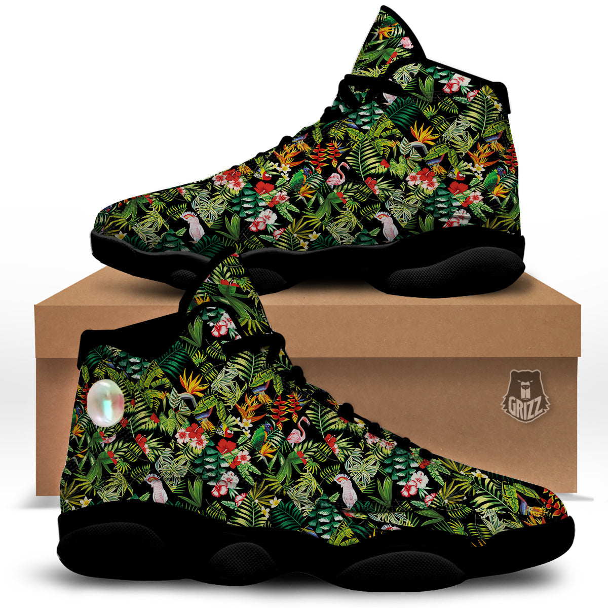 Patchwork Tropical Print Pattern Black Basketball Shoes-grizzshop