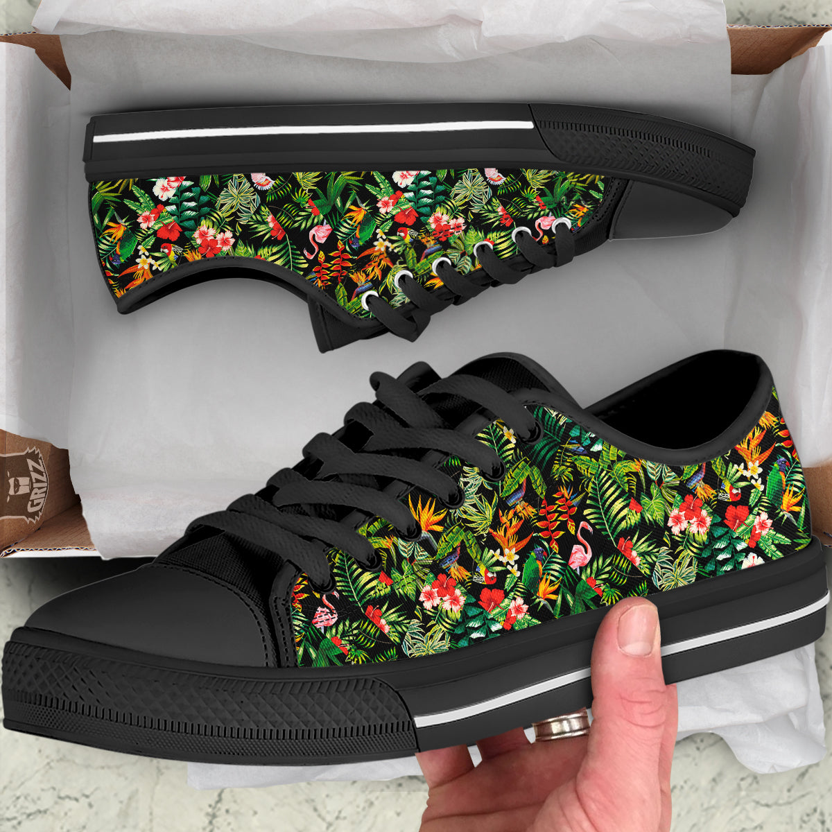 Patchwork Tropical Print Pattern Black Low Top Shoes-grizzshop