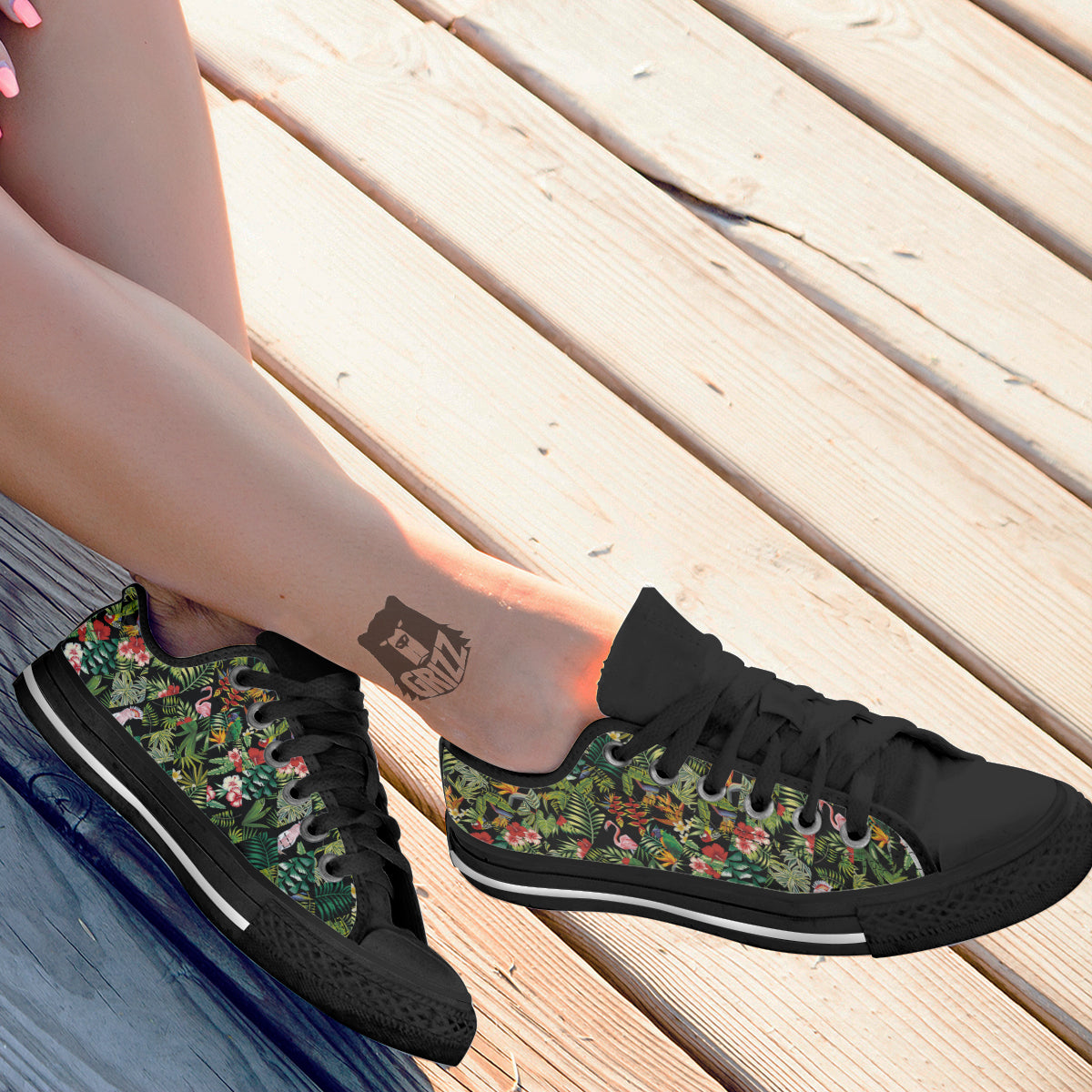 Patchwork Tropical Print Pattern Black Low Top Shoes-grizzshop