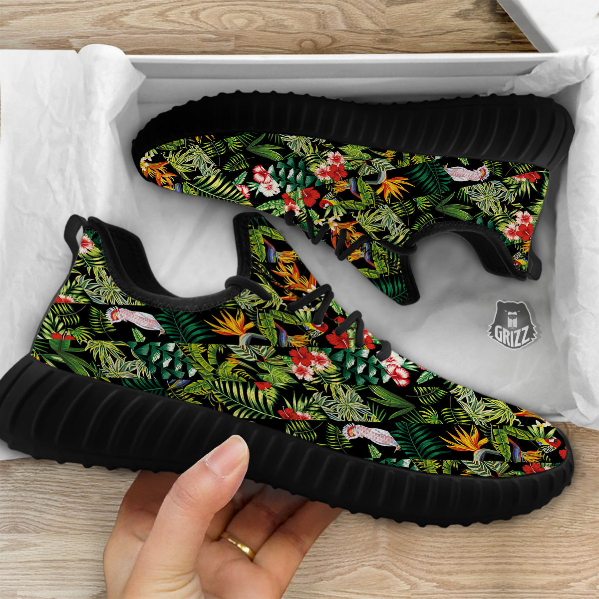 Patchwork Tropical Print Pattern Black Walking Shoes-grizzshop