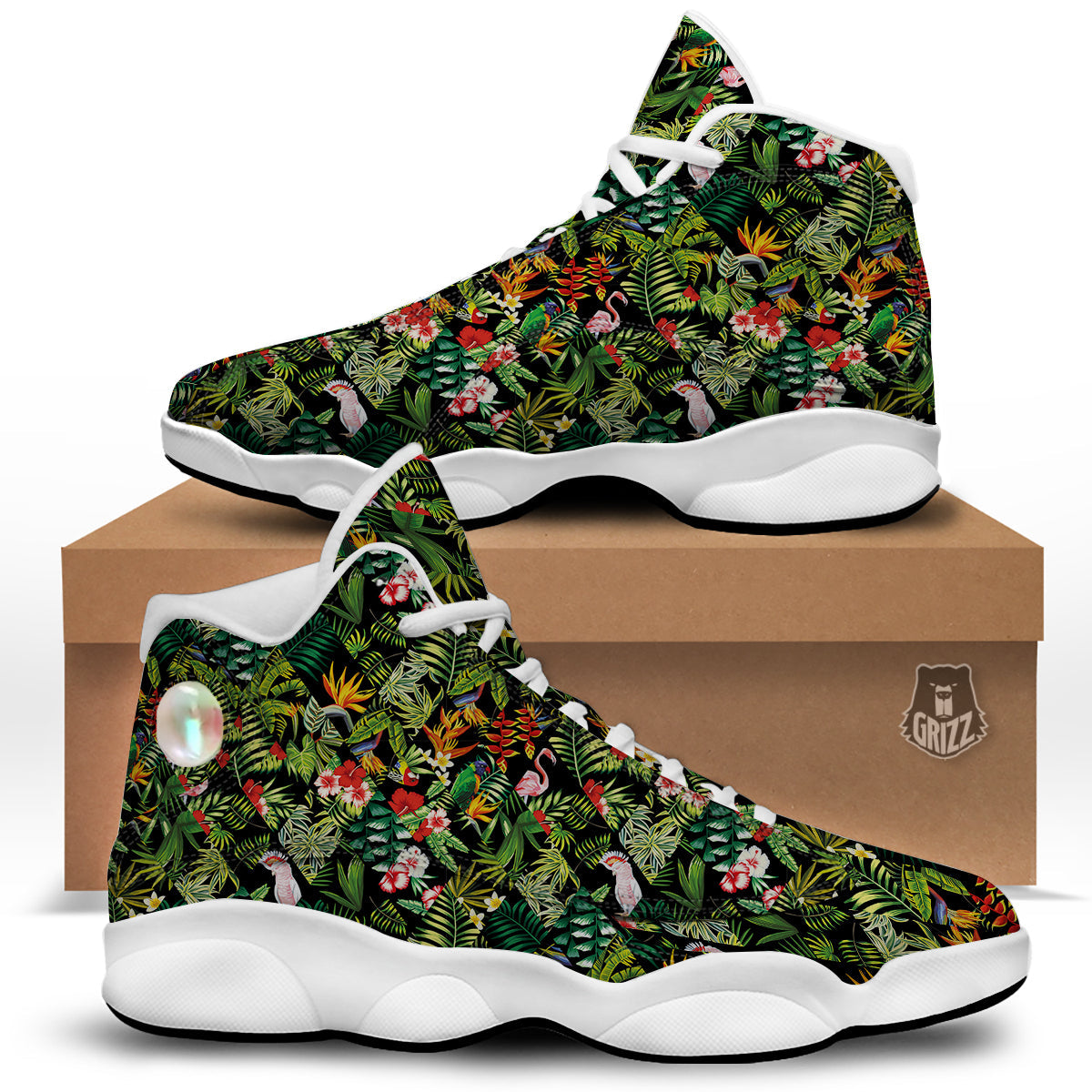 Patchwork Tropical Print Pattern White Basketball Shoes-grizzshop