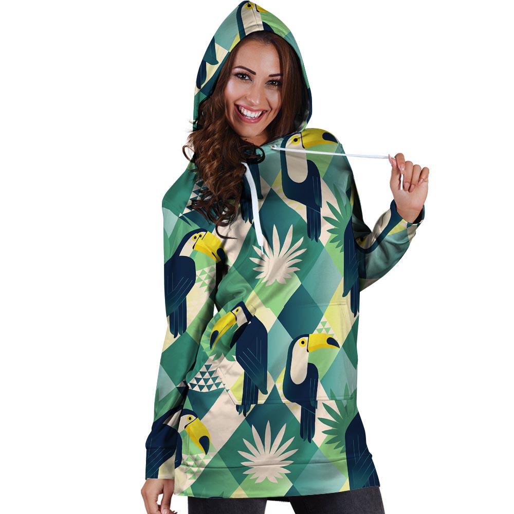 Patchwork Tropical Toucan Print Hoodie Dress-grizzshop