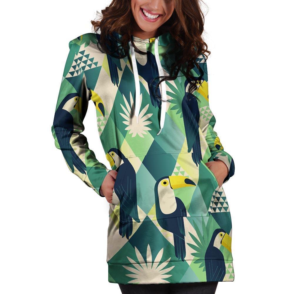 Patchwork Tropical Toucan Print Hoodie Dress-grizzshop