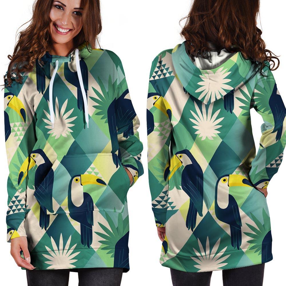 Patchwork Tropical Toucan Print Hoodie Dress-grizzshop