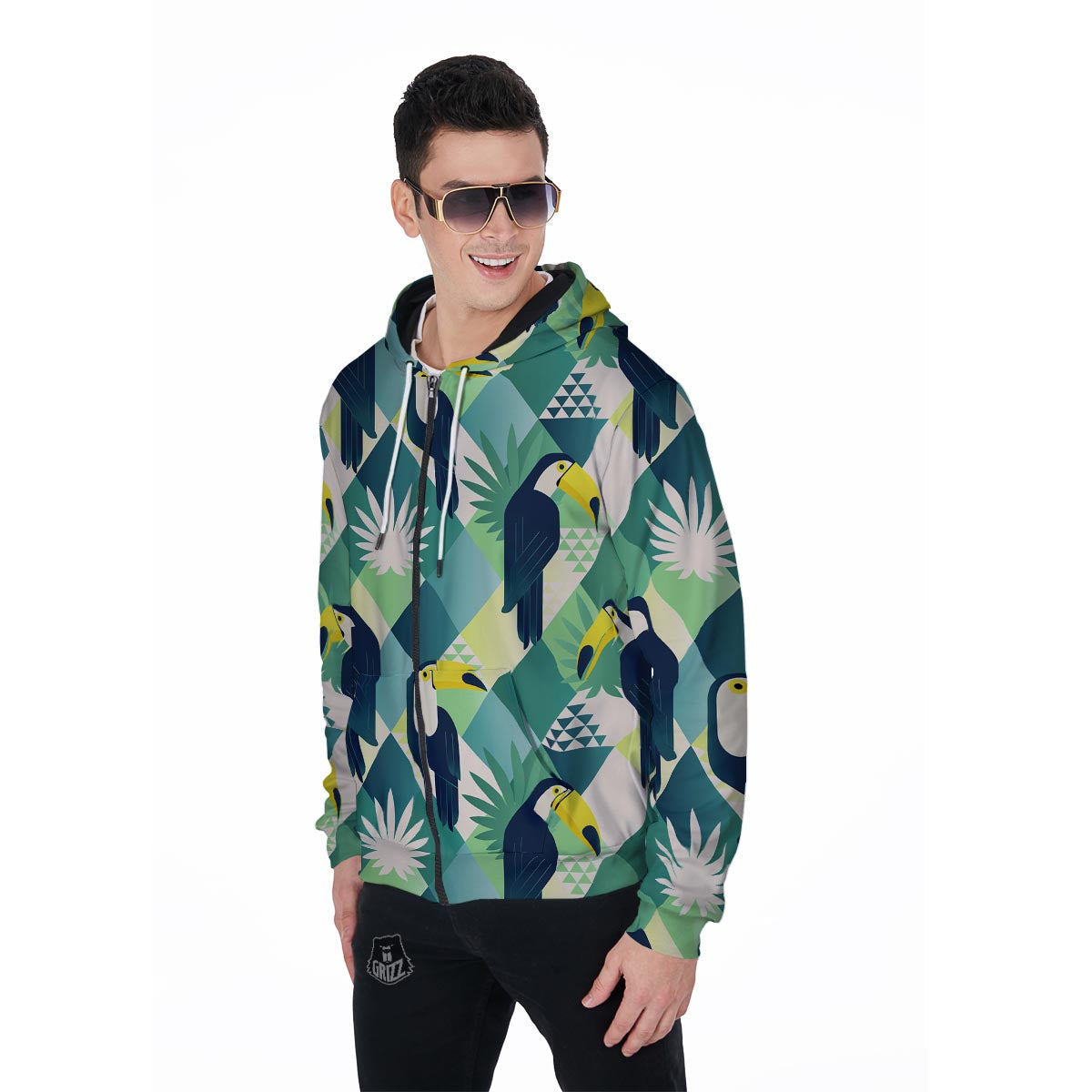 Patchwork Tropical Toucan Print Men's Zip Up Hoodie-grizzshop