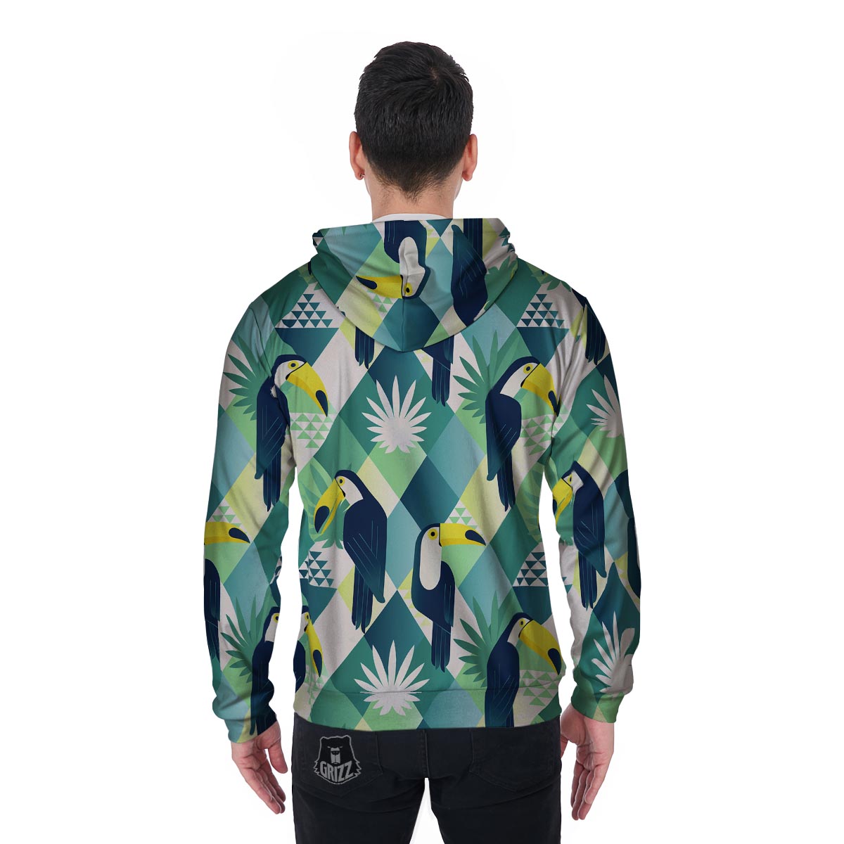 Patchwork Tropical Toucan Print Men's Zip Up Hoodie-grizzshop