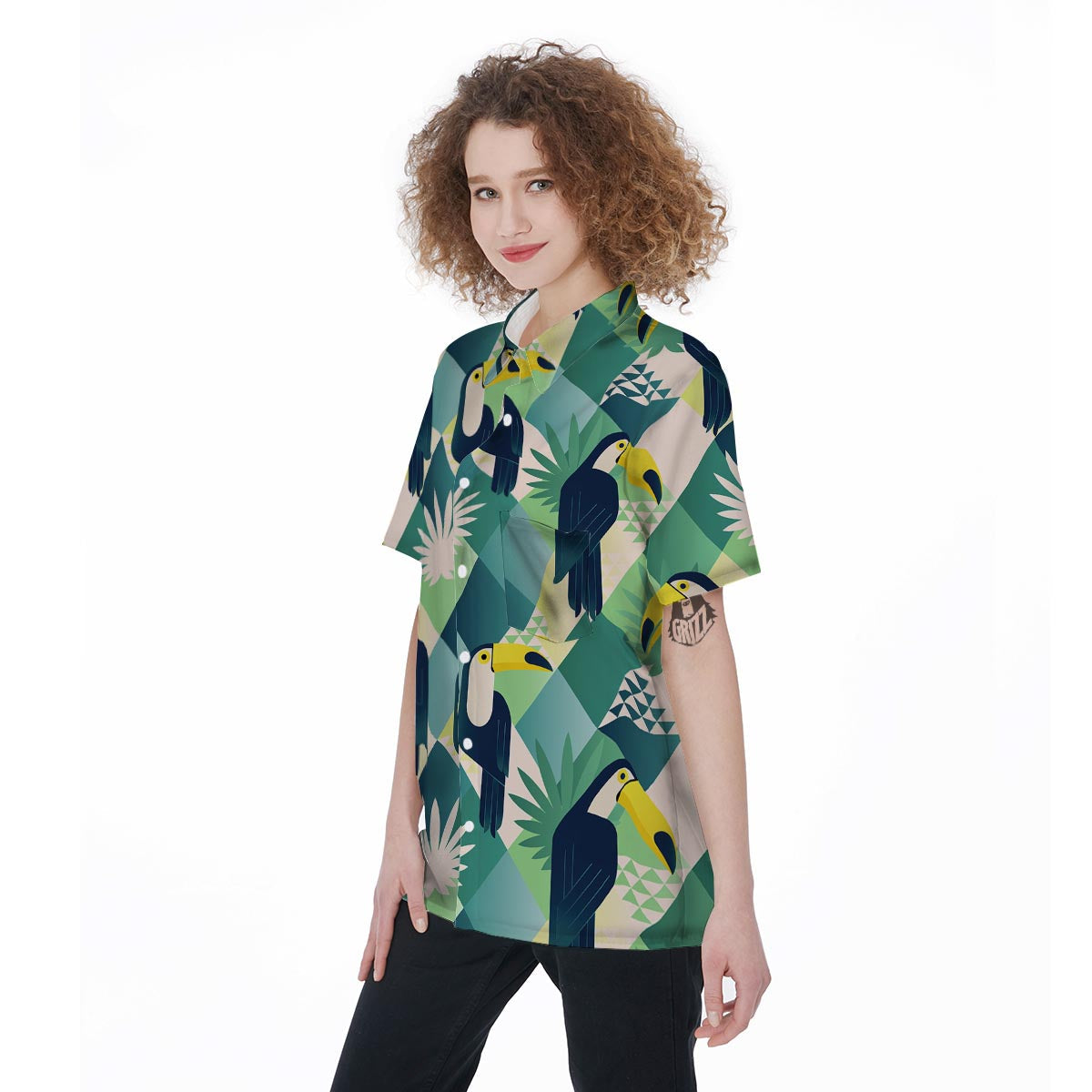 Patchwork Tropical Toucan Print Women's Short Sleeve Shirts-grizzshop